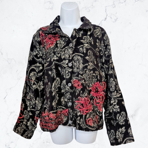 Chico's Jackets & Blazers - Vintage Chico's Black & Red Floral Beaded Button up Jacket